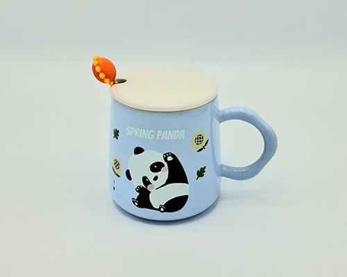 كوب قهوة باندا لون ازرق مع غطاء وملعقة