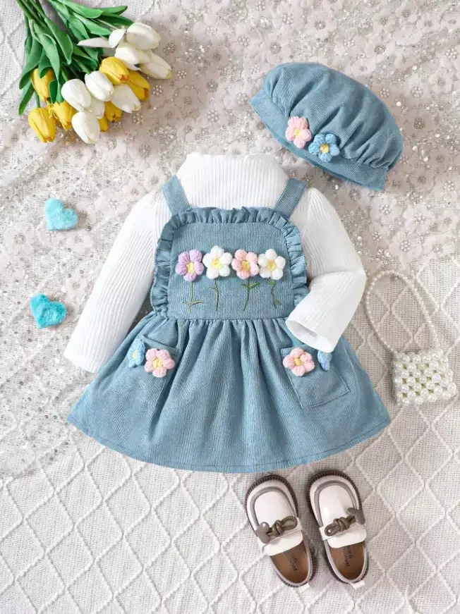 للبنات الاطفال وقوف الياقة تي شيرت & بطباعة أزهار كروشيه زخرفة مقلم بهدب فستان